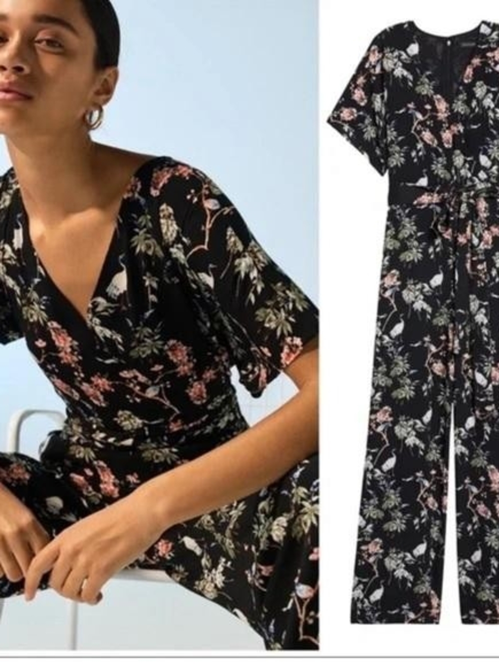 Banana Republic Dolman-Sleeve Jumpsuit in Black Floral Crane Print